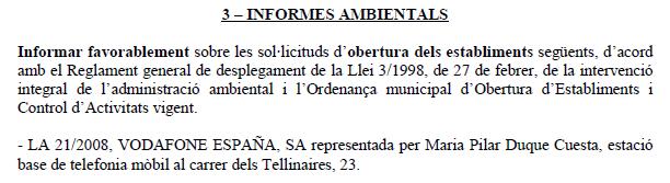 Acord de la Junta de Govern Local de l'Ajutament de Gav� que permetr� la instal�laci� d'una antena de Vodafone a Gav� Mar (7 de Setembre de 2010)
